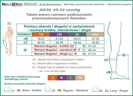 Podkolanówki przeciwzakrzepowe 2 Klasa Kompresji ucisk 25-32 mmHg, RelaxSan Medicale Anti Embolism ECO - Art. M1350A - S