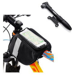 Meteor mini pompka rowerowa STROKE + Sakwa rowerowa na ramę z etui na telefon METEOR TORYS
